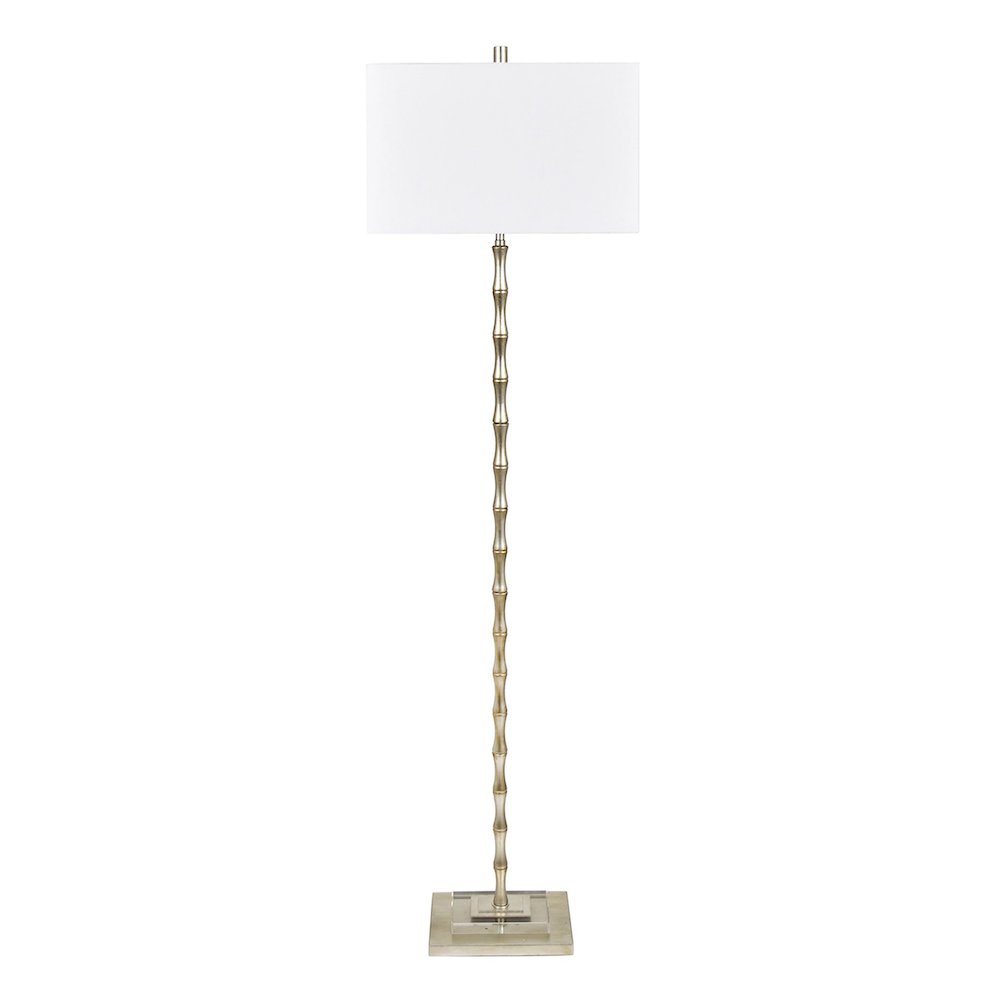 Bamboo-Style Champagne Brass Floor Lamp With Crystal Base And Linen Shade