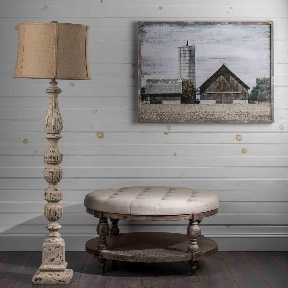 Crestview Collection Tahoe Rustic Wood and Round Linen Ottoman Brown Wood