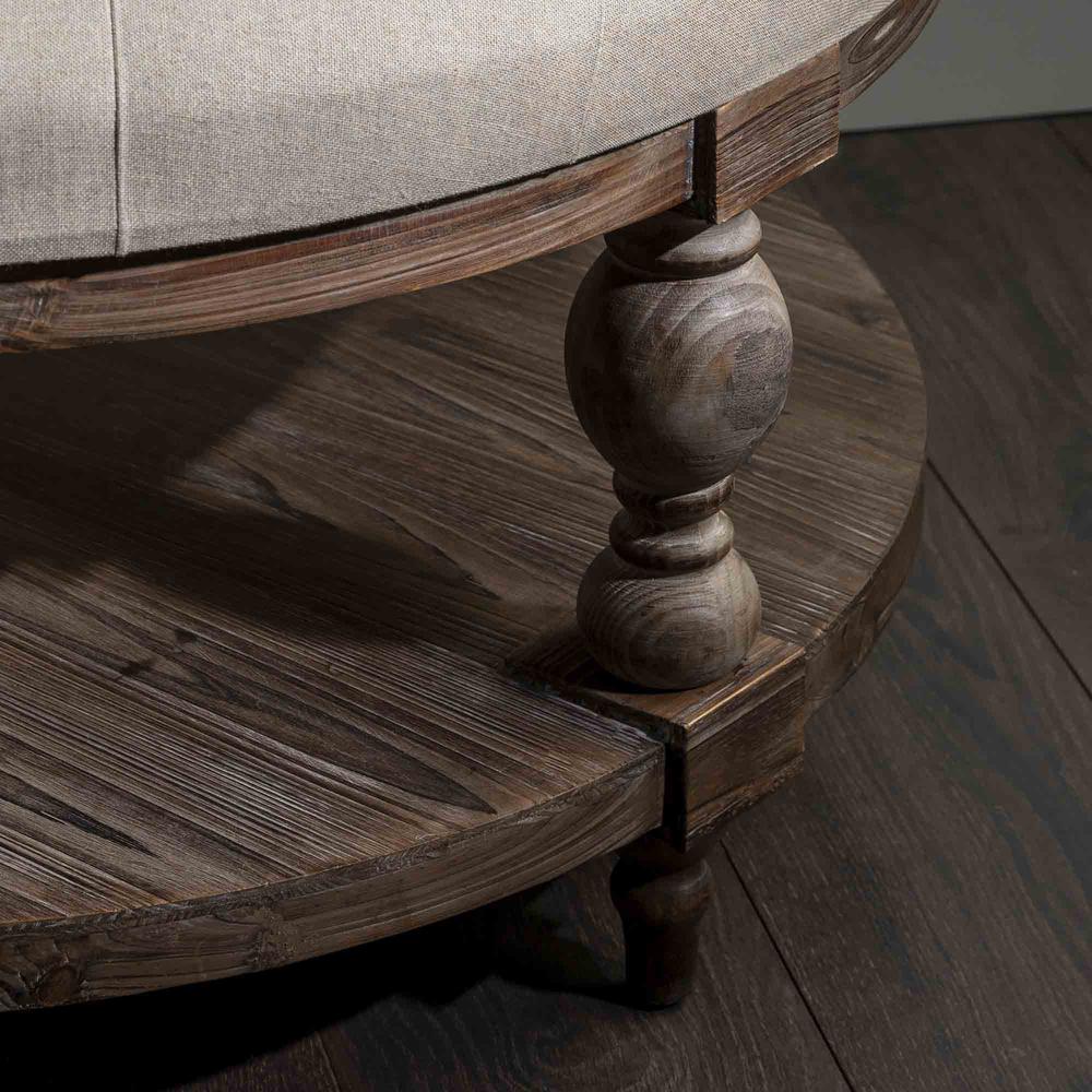 Crestview Collection Tahoe Rustic Wood and Round Linen Ottoman Brown Wood