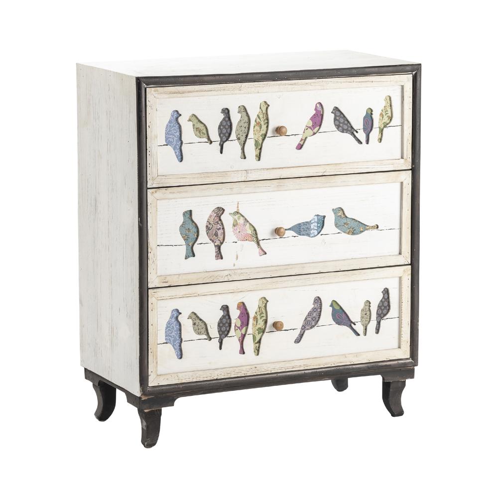 Crestview Collection Birds on a Wire 3 Drawer Painted Chest Furniture, White