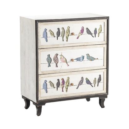 Crestview Collection Birds on a Wire 3 Drawer Painted Chest Furniture, White