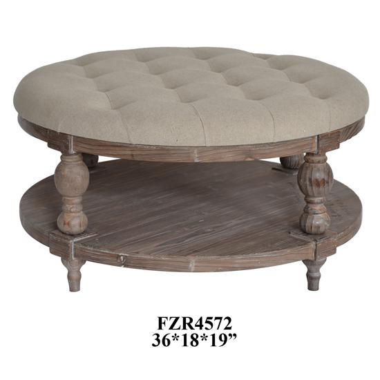 Crestview Collection Tahoe Rustic Wood and Round Linen Ottoman Brown Wood