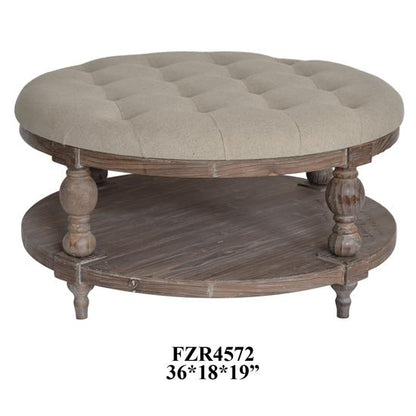 Crestview Collection Tahoe Rustic Wood and Round Linen Ottoman Brown Wood