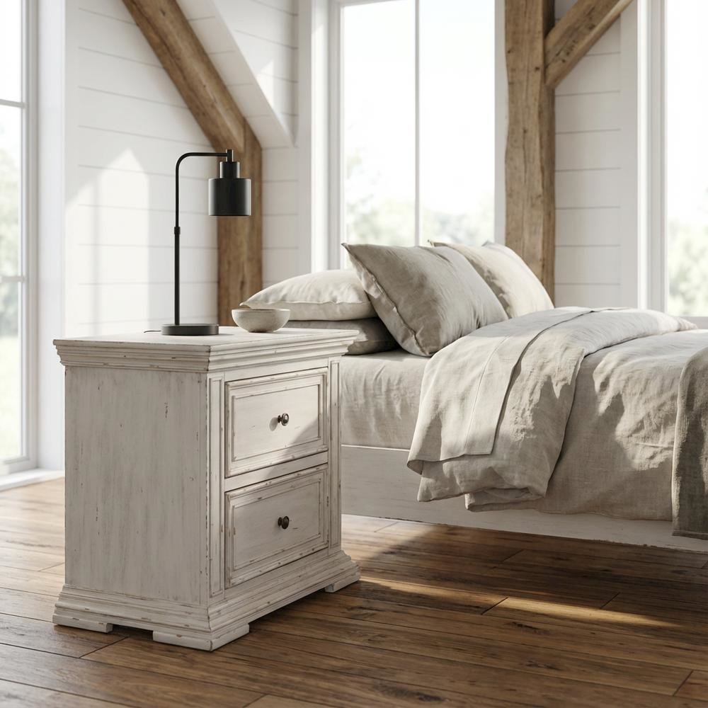 White Nightstand with Charging Station and Traditional Style
