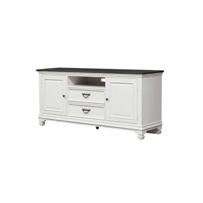 White TV console, wirebrushed finish, charcoal top, solid, 66-inch width