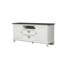 White TV console, wirebrushed finish, charcoal top, solid, 66-inch width