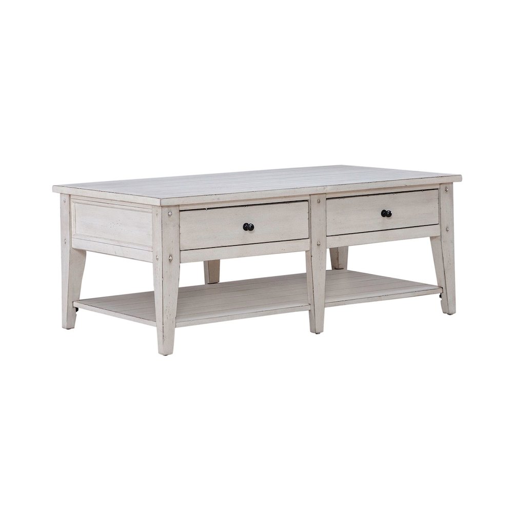 Lake House Drawer Cocktail Table - Weathered White Oak Wood Plank Top