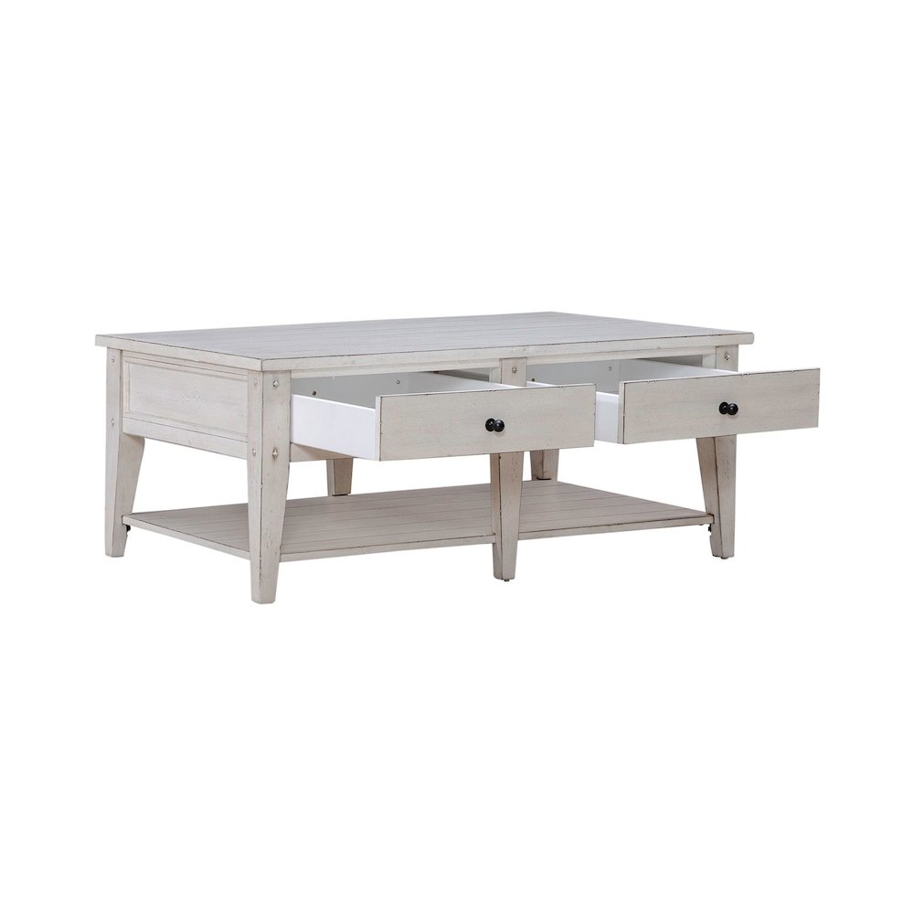 Lake House Drawer Cocktail Table - Weathered White Oak Wood Plank Top