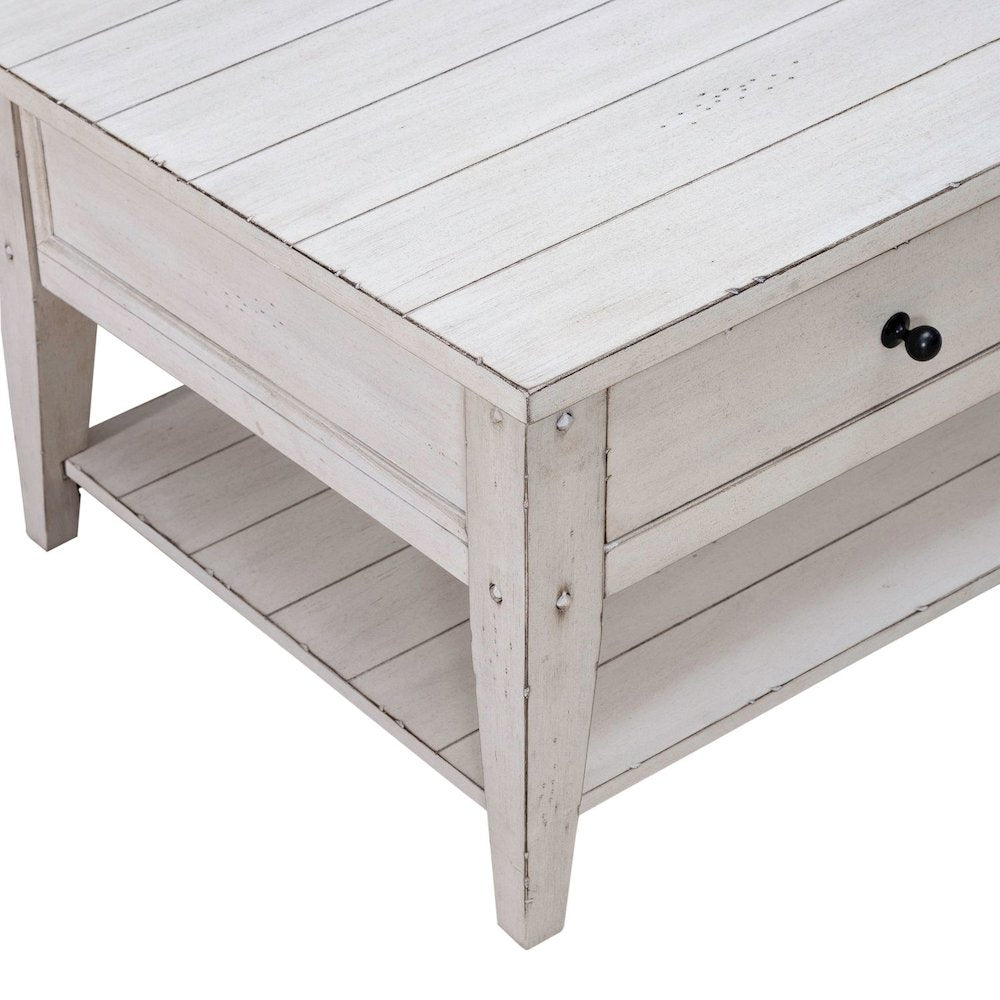 Lake House Drawer Cocktail Table - Weathered White Oak Wood Plank Top