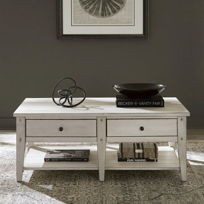 Lake House Drawer Cocktail Table - Weathered White Oak Wood Plank Top