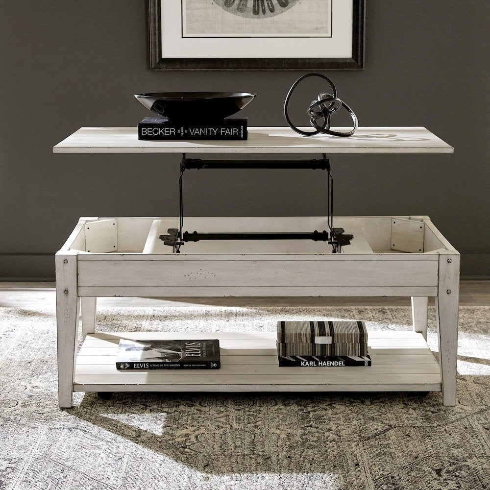 Lake House Lift Top Cocktail Table - Weathered White Oak Wood Plank Top