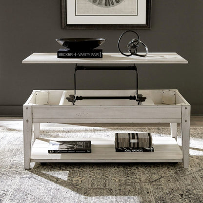 Lake House Lift Top Cocktail Table - Weathered White Oak Wood Plank Top