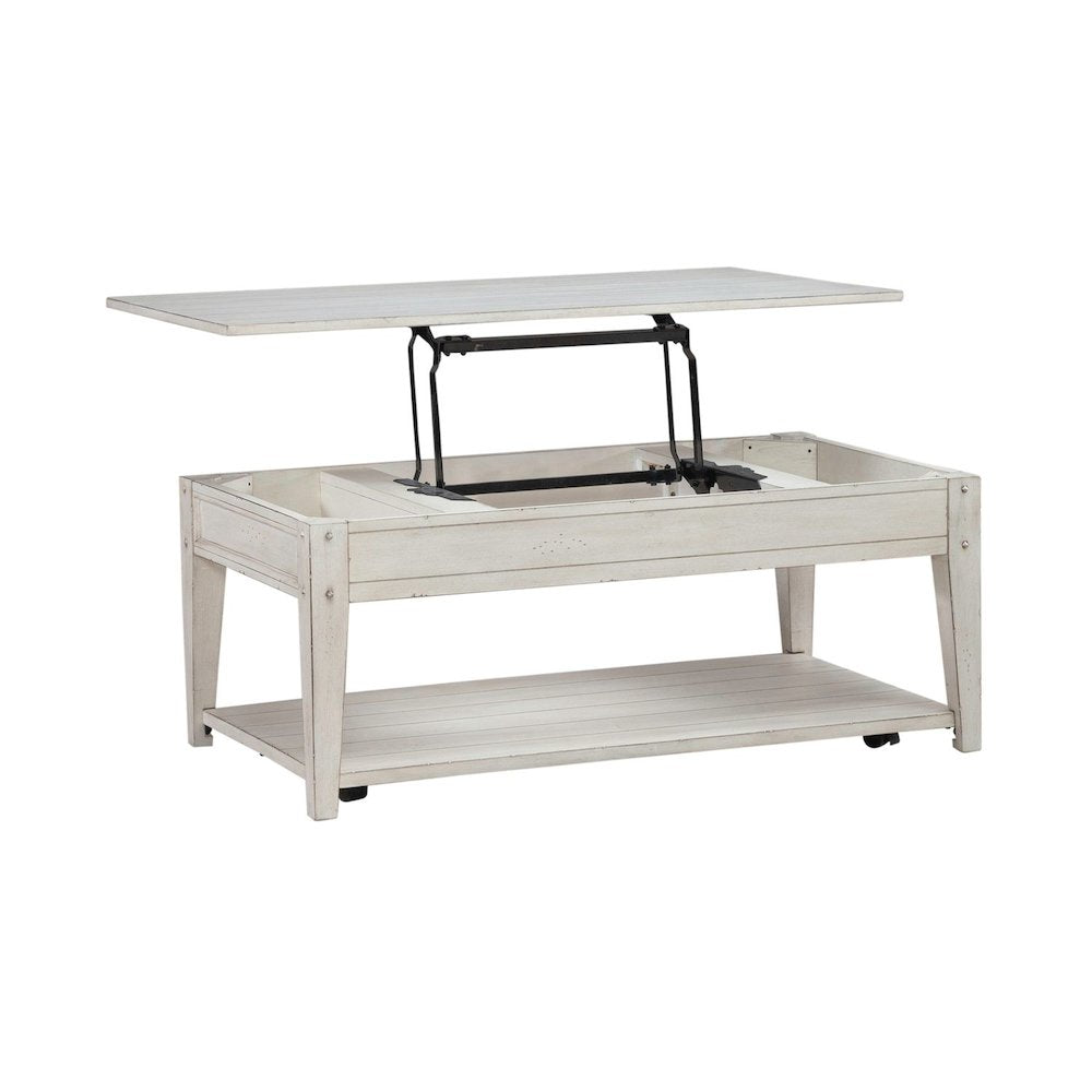 Lake House Lift Top Cocktail Table - Weathered White Oak Wood Plank Top