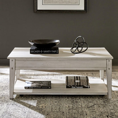 Lake House Lift Top Cocktail Table - Weathered White Oak Wood Plank Top