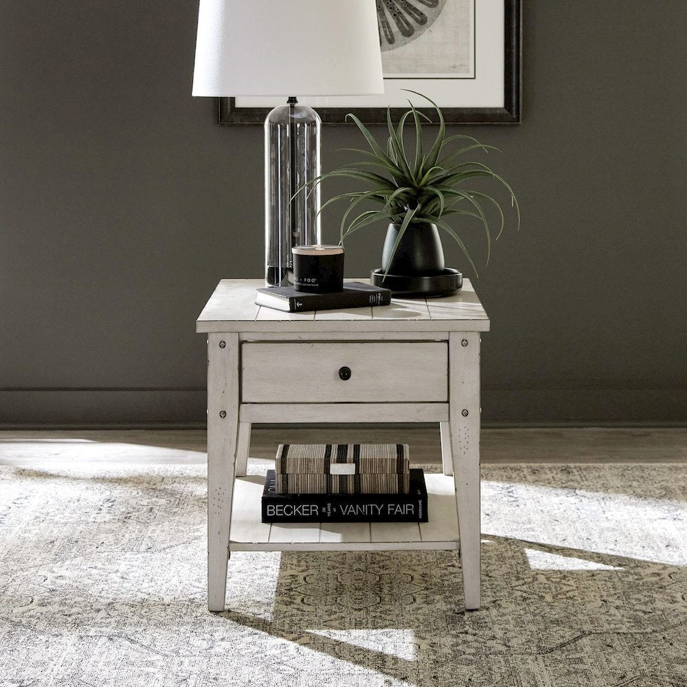 Lake House End Table - Weathered White Oak Wood Plank Top