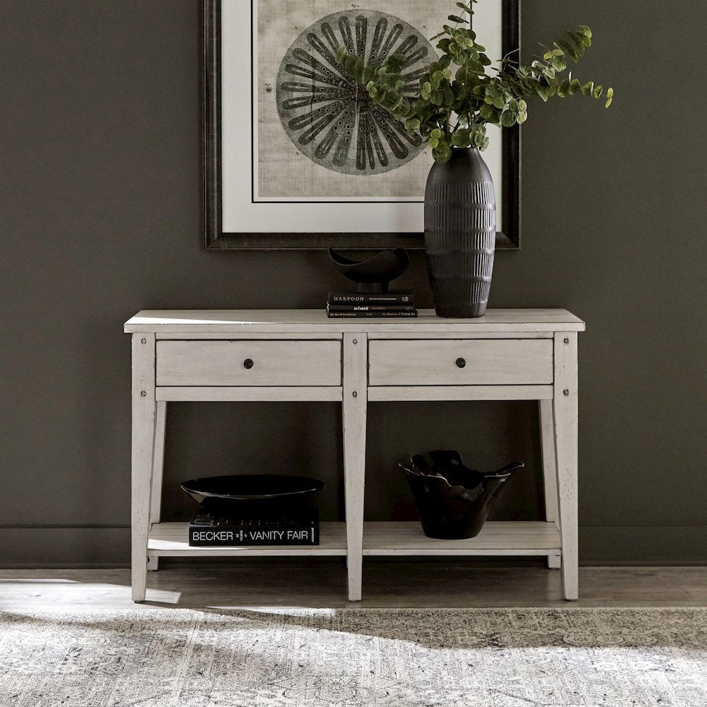 Lake House Drawer Sofa Table - Weathered White Oak Wood Plank Top