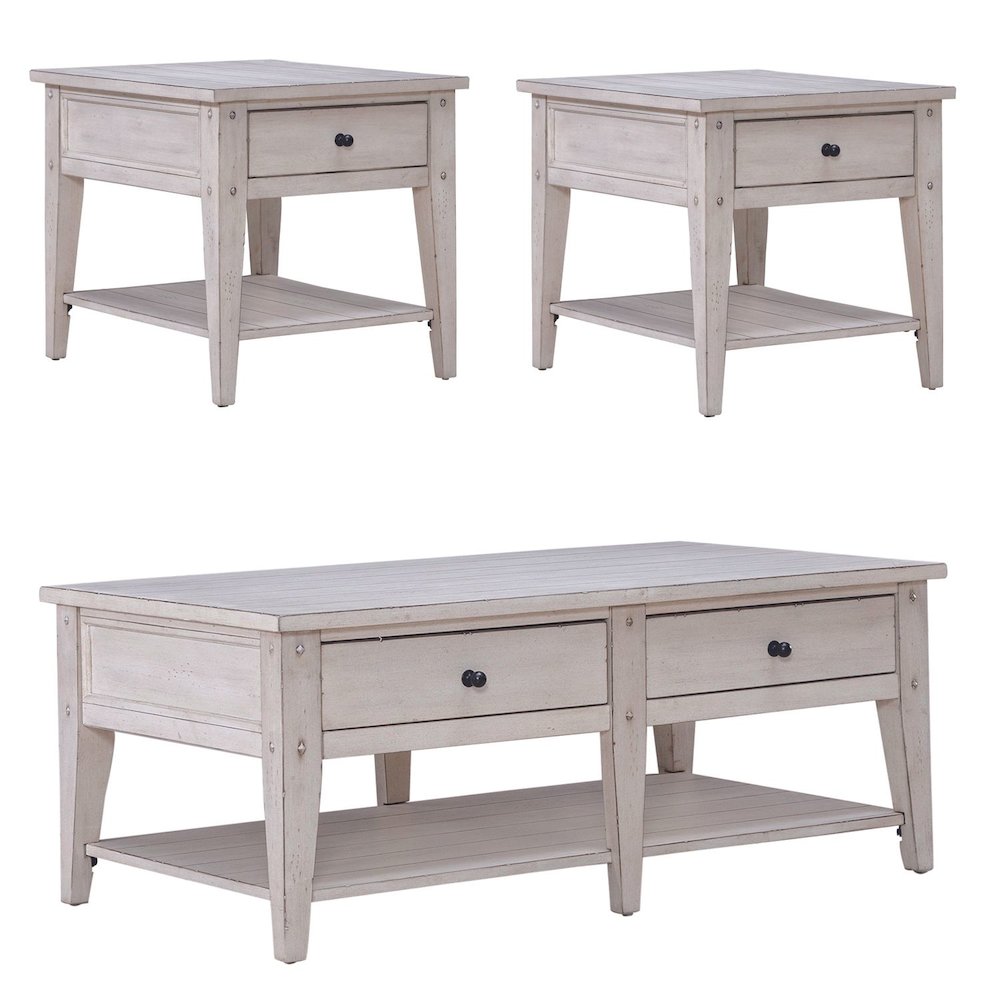 Lake House 3 Piece Table Set - Drawer Cocktail, 2 End Tables, White Oak