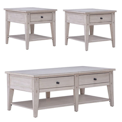 Lake House 3 Piece Table Set - Drawer Cocktail, 2 End Tables, White Oak