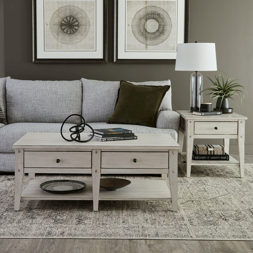Lake House 3 Piece Table Set - Drawer Cocktail, 2 End Tables, White Oak