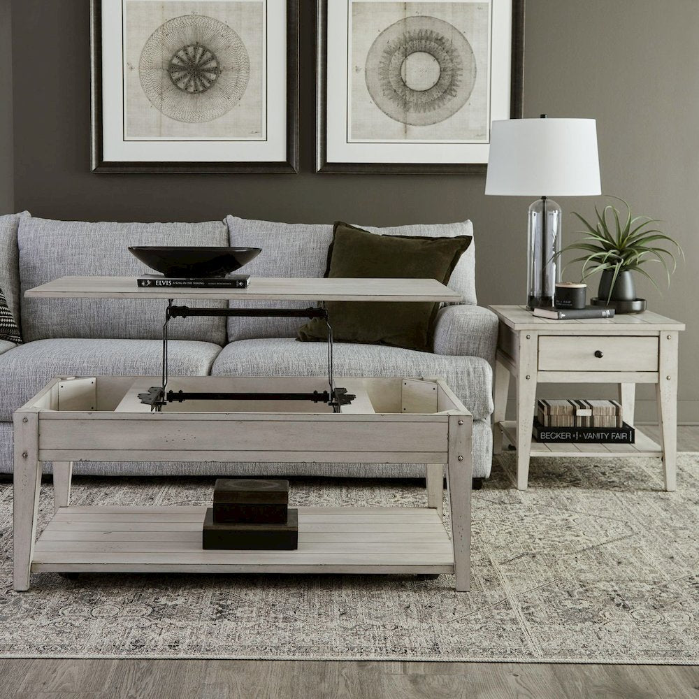 Lake House Opt 3 Piece Table Set - Lift Top Cocktail, 2 End Tables, White Oak