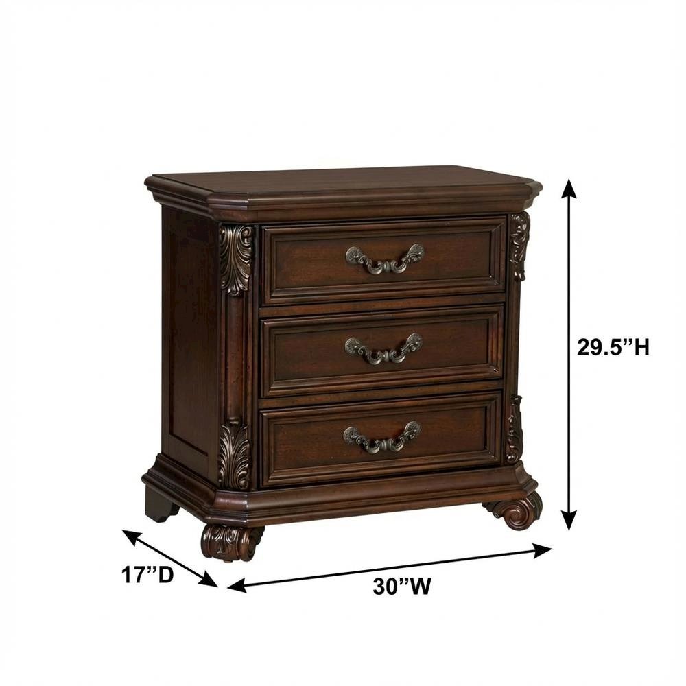 Cognac Nightstand with 3 Drawers and Traditional Style