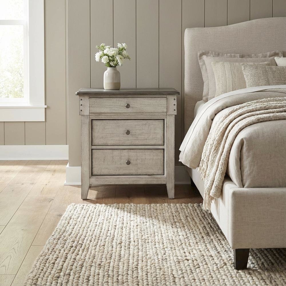 White Finish Nightstand with Charging Station and Weathered Linen Touch