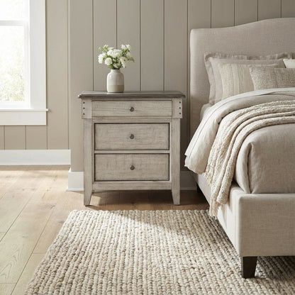 White Finish Nightstand with Charging Station and Weathered Linen Touch