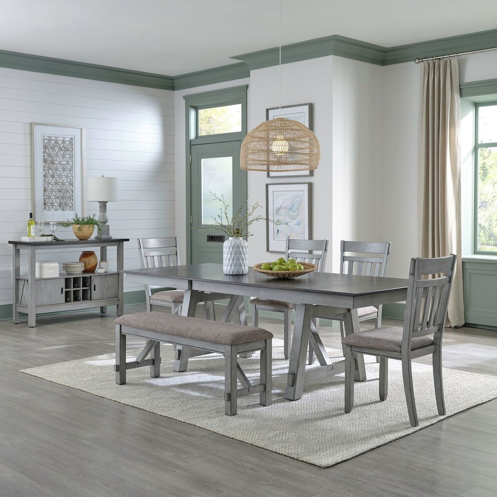 Newport 6 Piece Trestle Table Set - Dining Bench, 4 Splat Back Side Chairs, Two
