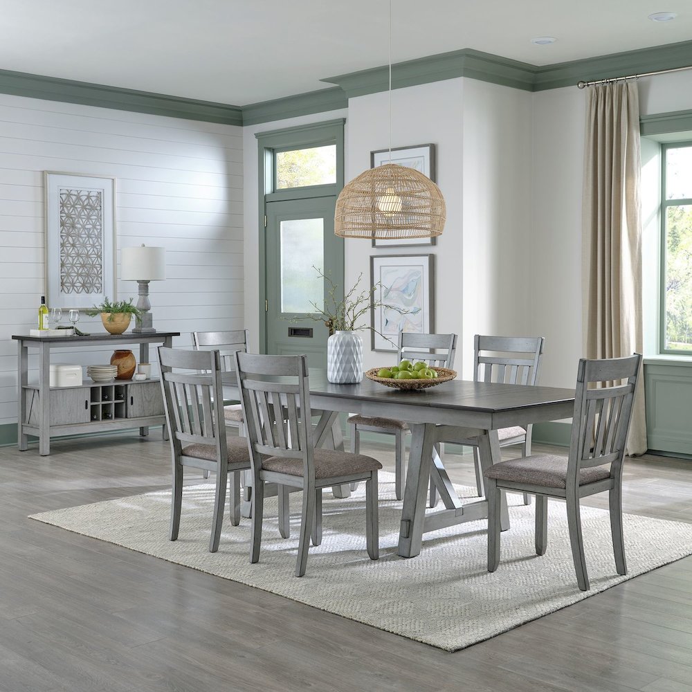 Newport 7 Piece Trestle Table Set - 6 Splat Back Side Chairs, Two 14" Leaves