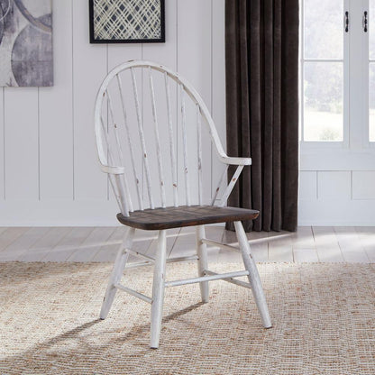 Farmhouse Windsor Back Arm Chair in Two Tone White w/ Wood Tone Top