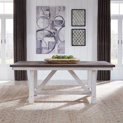 Farmhouse Fixed Top Trestle Table in Two Tone White w/ Wood Tone Top