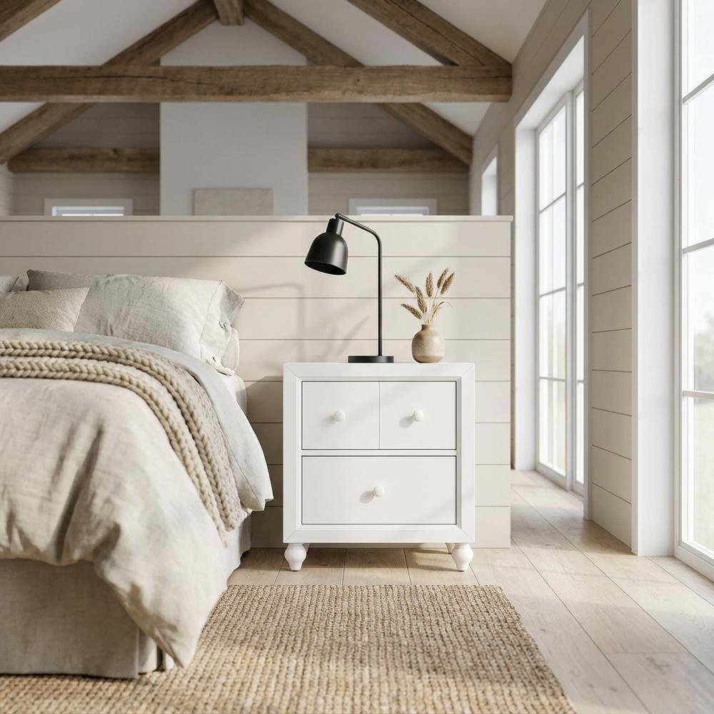 White Cottage Nightstand with Melamine & Rubberwood Frame, Stylish and Durable