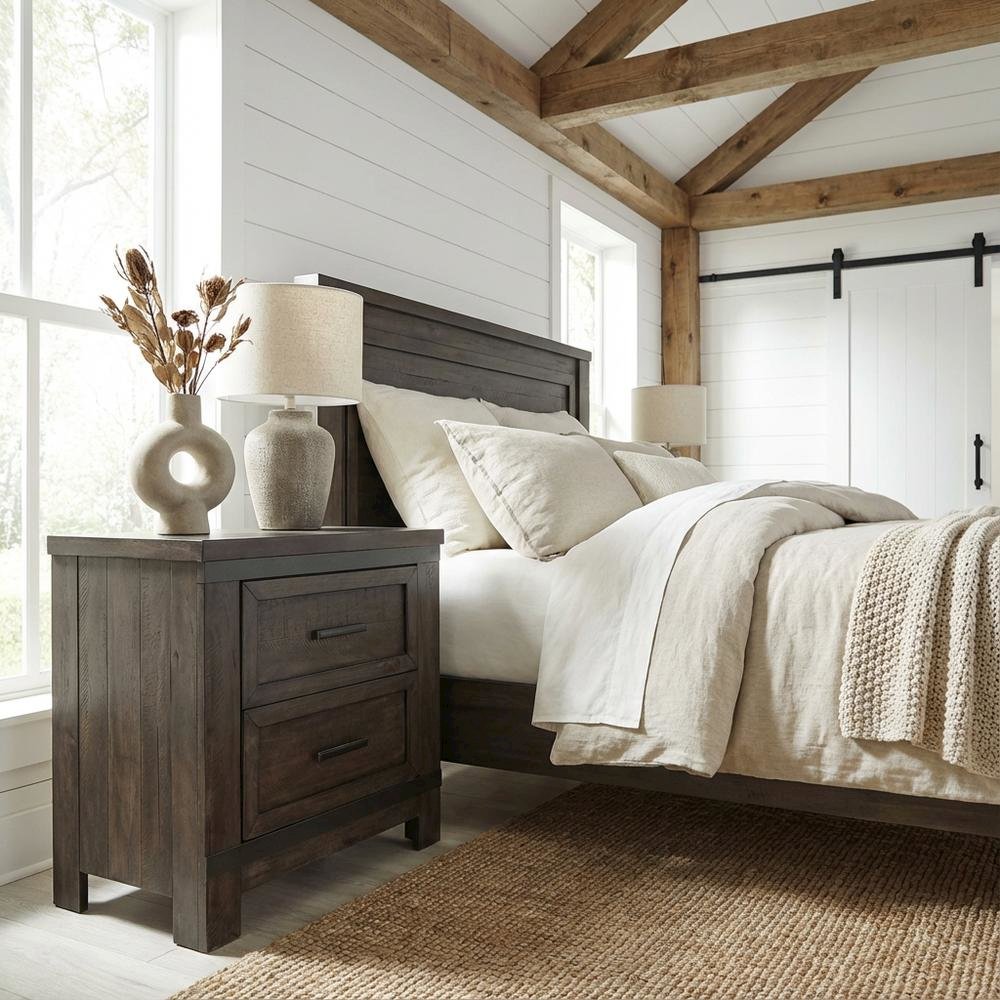 Rustic Nightstand in Rock Beaten Brown with Saw Cuts for Bedroom Decor