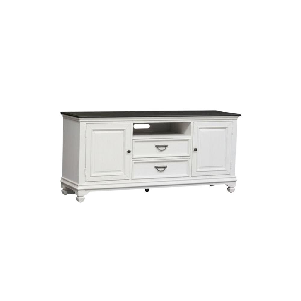 White TV console, wirebrushed finish, charcoal top, solid, 66-inch width