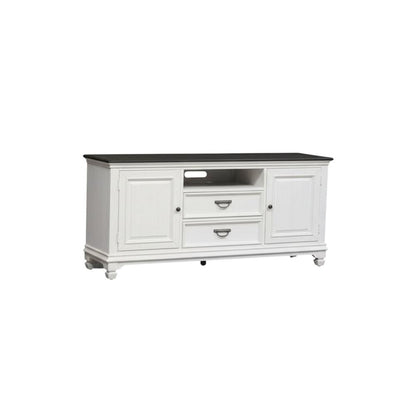 White TV console, wirebrushed finish, charcoal top, solid, 66-inch width
