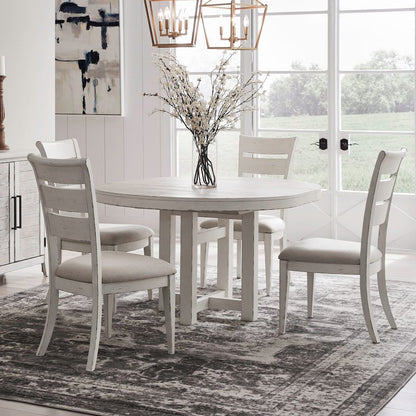 5 Piece Pedestal Dining Room Table, 4 Chairs Set  - Weathered White & Parchment