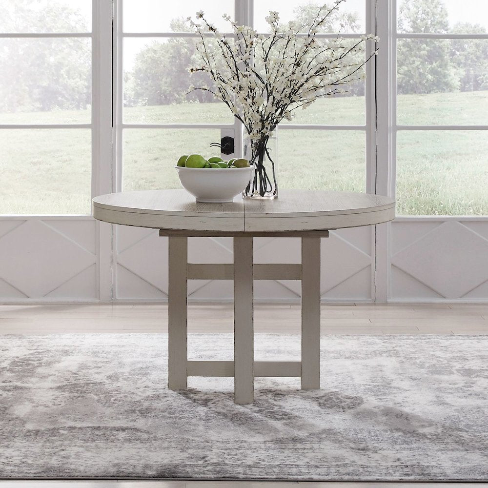Backroads Pedestal Table - Removeable Leaf - Weathered White & Parchment