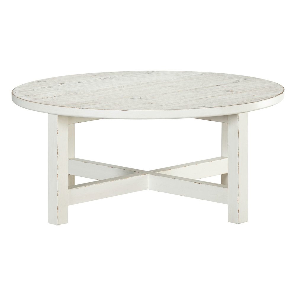 Round Cocktail Table  - Weathered White & Parchment Brown