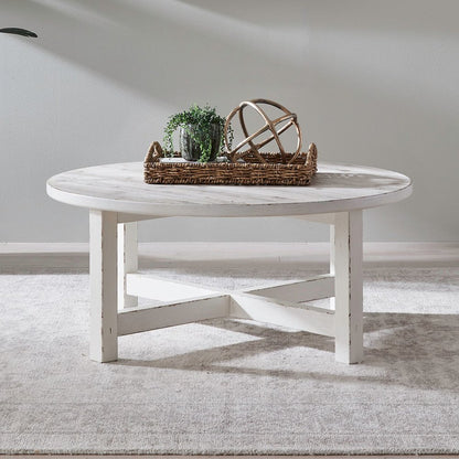 Round Cocktail Table  - Weathered White & Parchment Brown