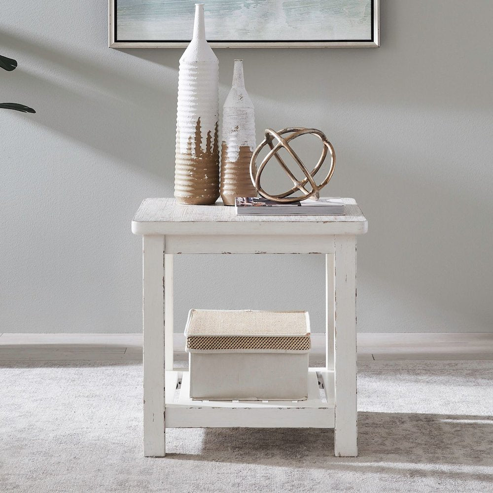 End Table for Living Room Farmhouse - Weathered White & Parchment Brown