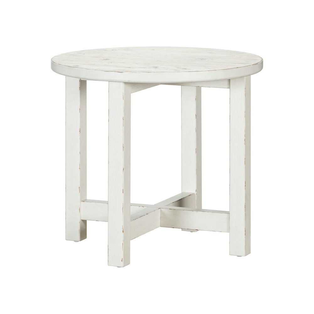 Round End Table for Living Room Farmhouse - Weathered White & Parchment Brown