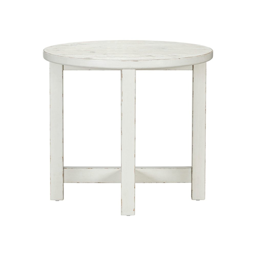 Round End Table for Living Room Farmhouse - Weathered White & Parchment Brown