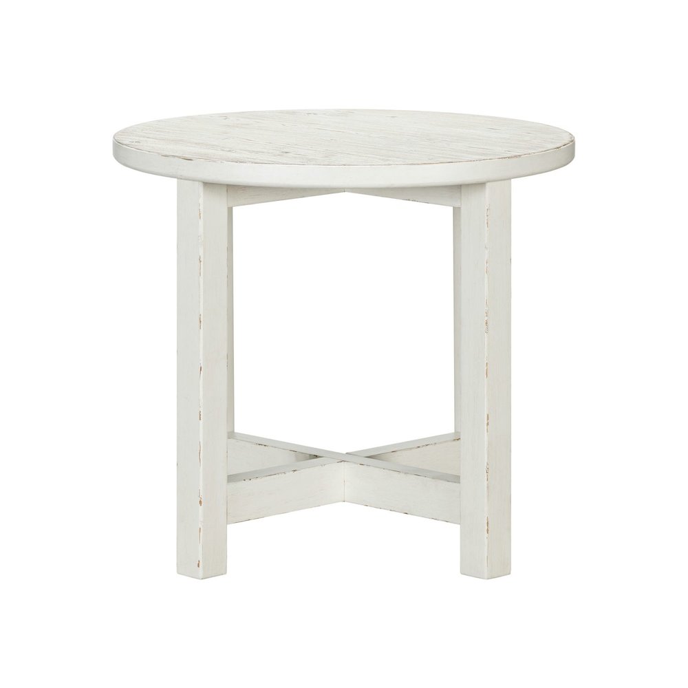 Round End Table for Living Room Farmhouse - Weathered White & Parchment Brown