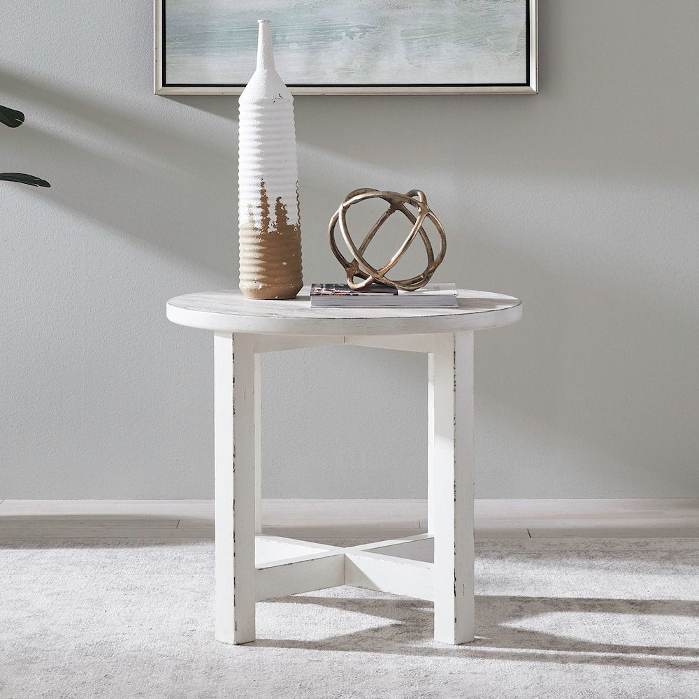 Round End Table for Living Room Farmhouse - Weathered White & Parchment Brown