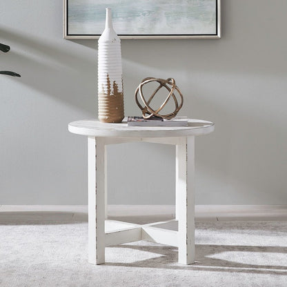 Round End Table for Living Room Farmhouse - Weathered White & Parchment Brown