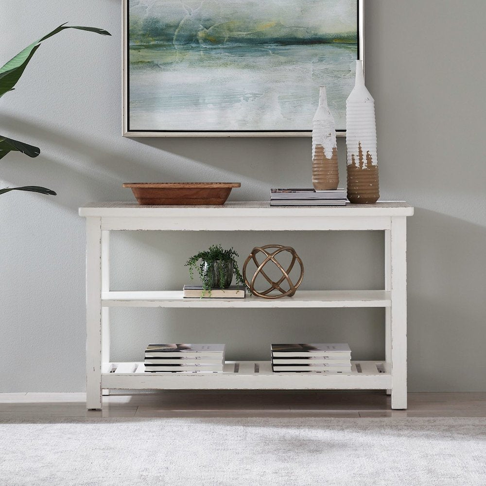Sofa Table for Living Room Farmhouse - Weathered White & Parchment Brown