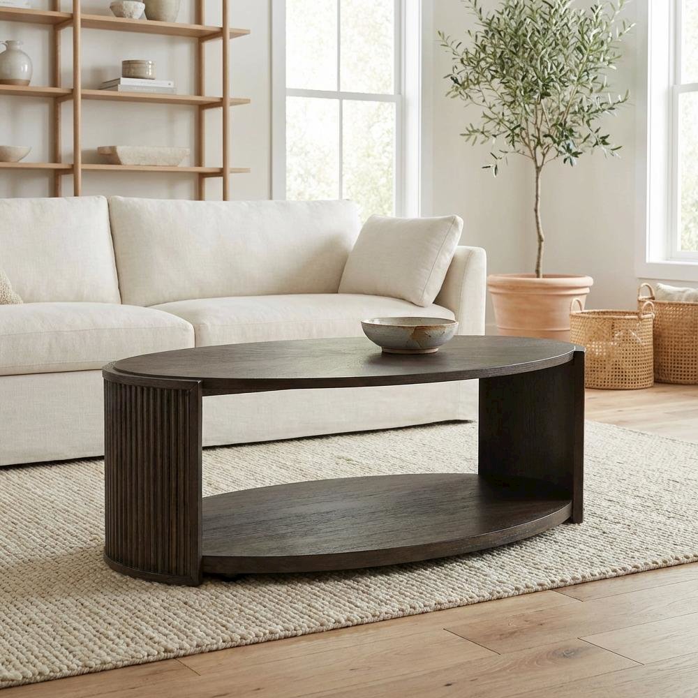 Brown Oval Cocktail Table with Rubberwood Base and Oak Veneer Top