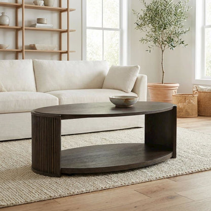 Brown Oval Cocktail Table with Rubberwood Base and Oak Veneer Top