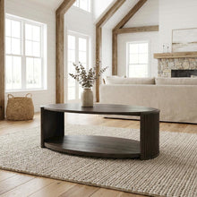 Brown Oval Cocktail Table with Rubberwood Base and Oak Veneer Top