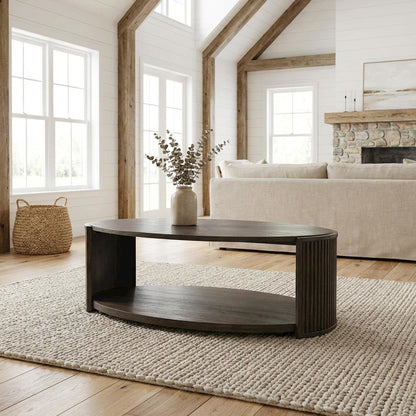 Brown Oval Cocktail Table with Rubberwood Base and Oak Veneer Top